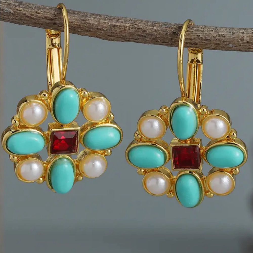 Boho Cross Dangle Earrings with Gemstones - 14k Gold Plated - HOST PICK